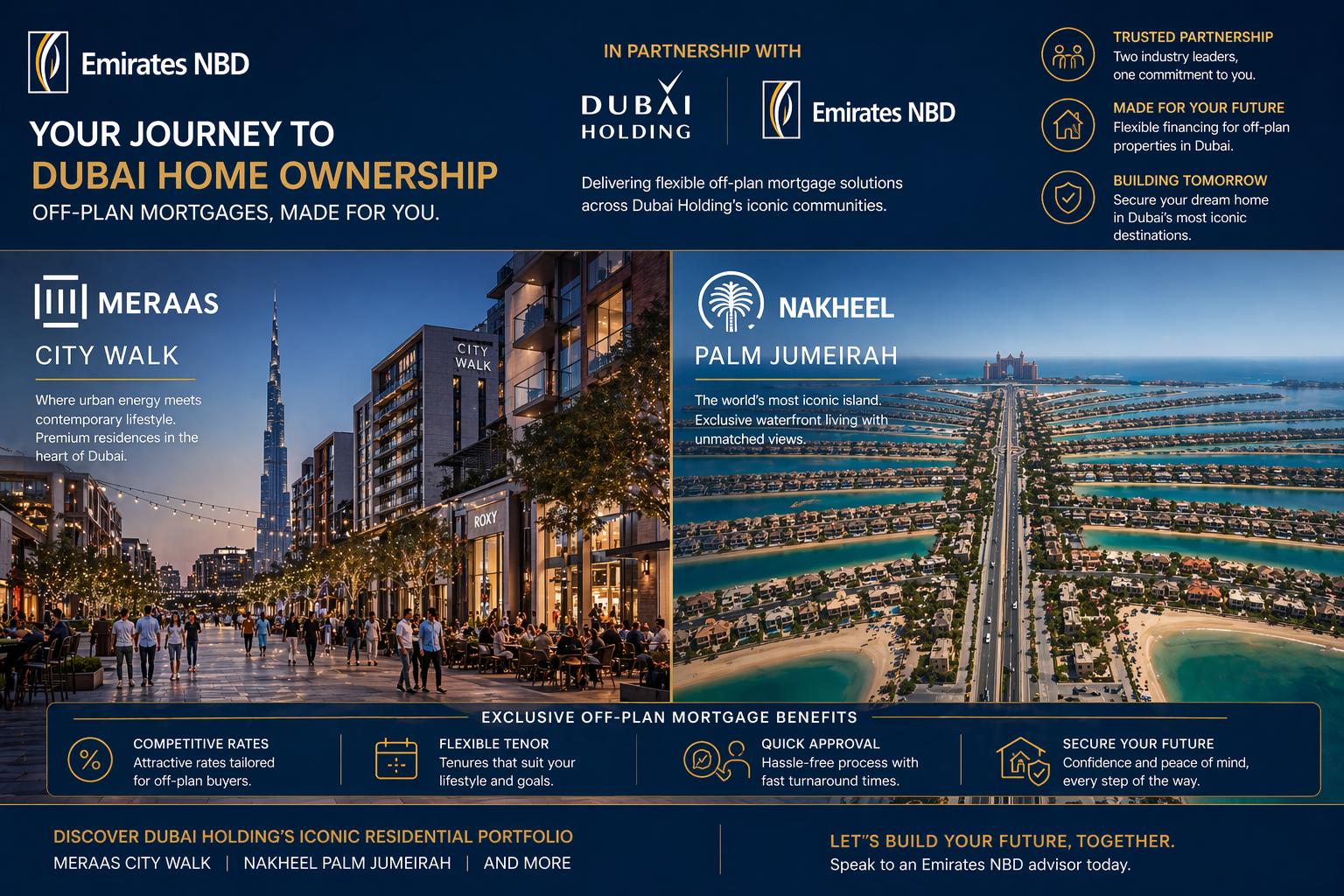 Collage of Dubai Holding Real Estate developer projects including Meraas City Walk and Nakheel Palm Jumeirah representing the residential portfolio qualifying for Emirates NBD off-plan mortgage Dubai financing