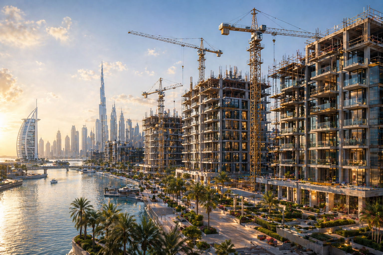 Dubai off-plan residential development under construction representing Meraas, Nakheel and Dubai Properties qualifying projects for the Emirates NBD integrated off-plan mortgage Dubai financing partnership