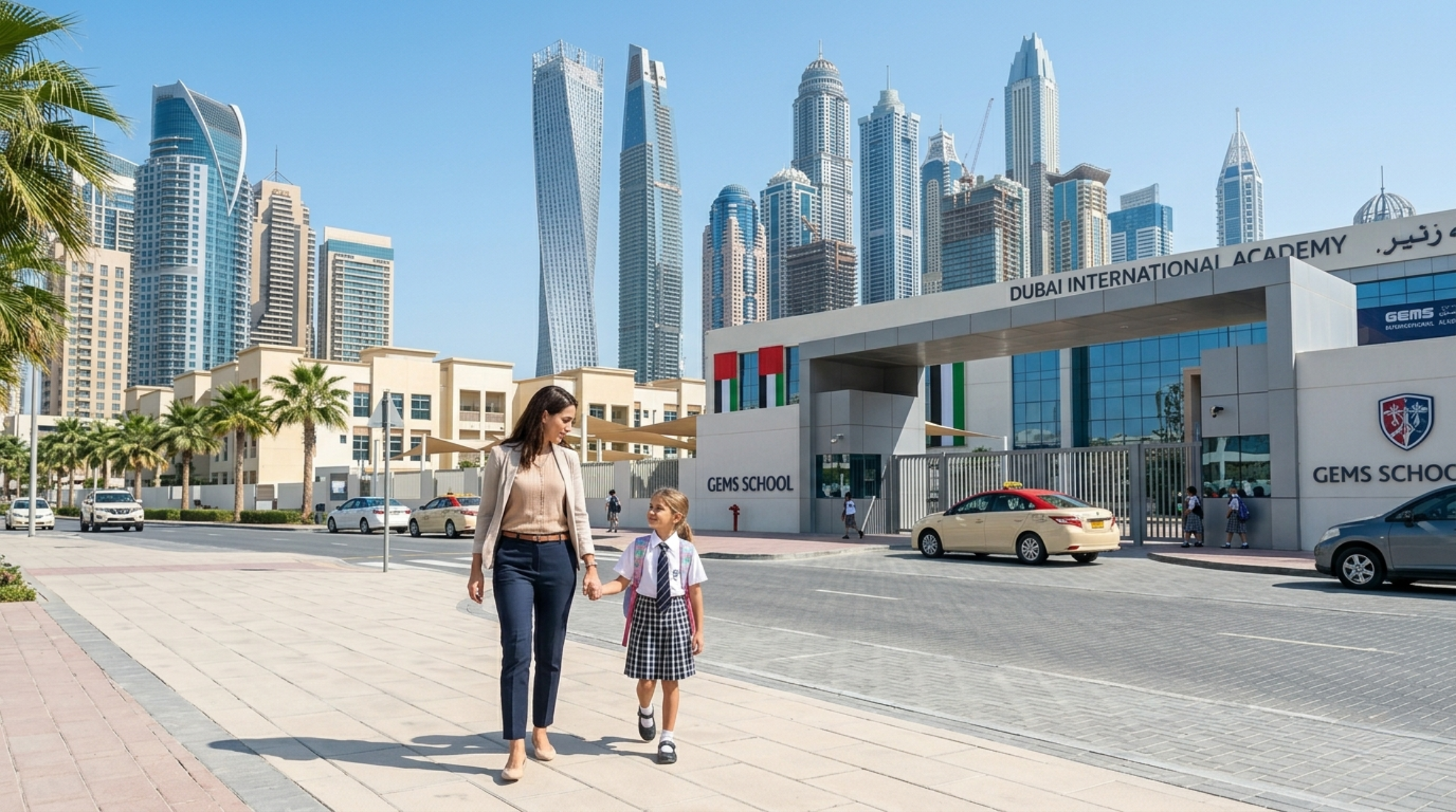 Parent and child at school entrance near Business Bay Dubai with district towers in background