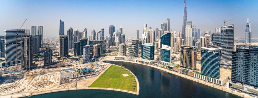 Business Bay Dubai residential towers viewed from the Dubai Water Canal promenade